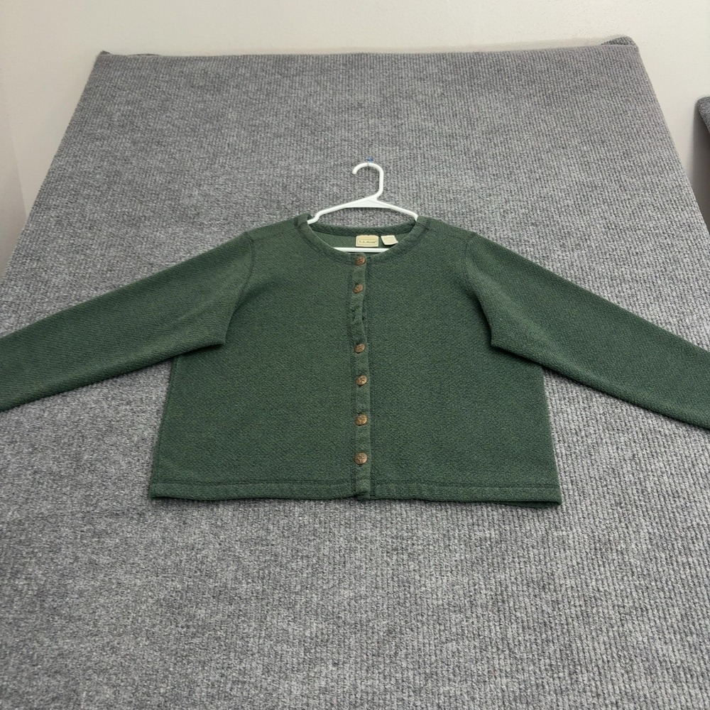 LL Bean Cardigan Women M Green Polyester Cotton Fleece Button Up Casual Gorpcore